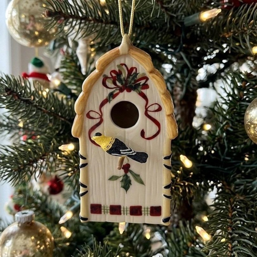 Vintage Lenox Christmas Birdhouse Ornament Porcelain Gold Trim Holly